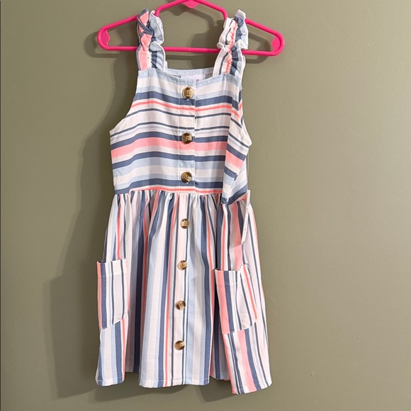 Little Lass Other - Striped Kids Dress with Buttons - 5T